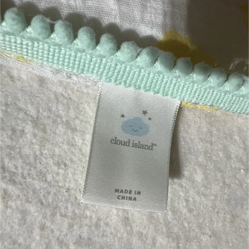 Muslin Baby Swaddle Blanket Yellow Lemon Print Mint Pom Pom Trim Cotton Gauze